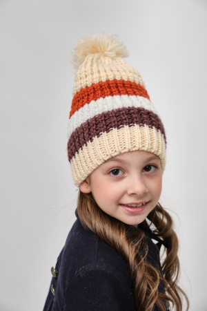 Шапка детская толстая вязка полоска беж/кирпич/бел/коричн,р 4-8лет
