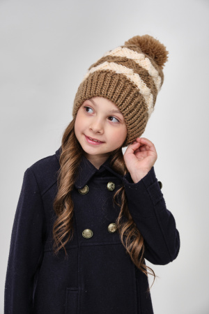 Шапка детская толстая вязка полоска хаки/беж с подкладкой,р 4-8лет