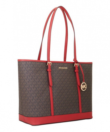 Сумка женская Michael Kors большая коричневая с красными вставками