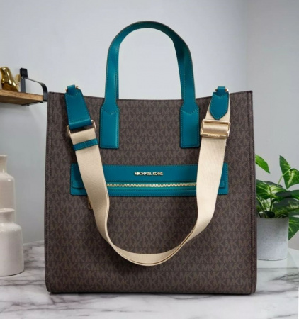 Сумка женская Michael Kors большая коричневая с синими вставками
