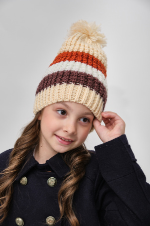 Шапка детская толстая вязка полоска беж/кирпич/бел/коричн,р 4-8лет