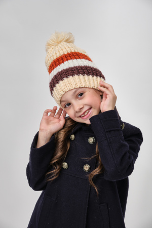 Шапка детская толстая вязка полоска беж/кирпич/бел/коричн,р 4-8лет
